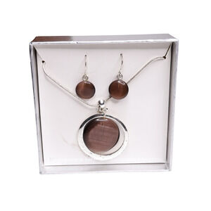 Brown Round Stone Pendant Necklace And Earring Set 18 Inches With Box